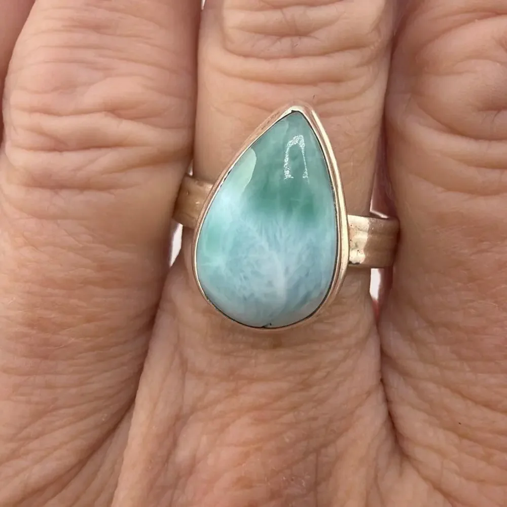 Pear Shaped Larimar Sterling Silver Ring Artisan Jewelry 8.5